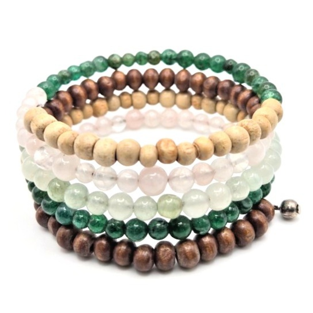 Handmade Semi-Precious Stones and Wood‎ Beaded Memory Wire Bracelet 5 Layers